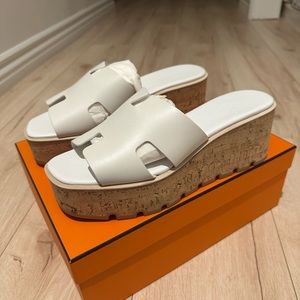 HERMES Eze 30 Platform Wedge Cork Sandal, size 42 white, BRAND NEW